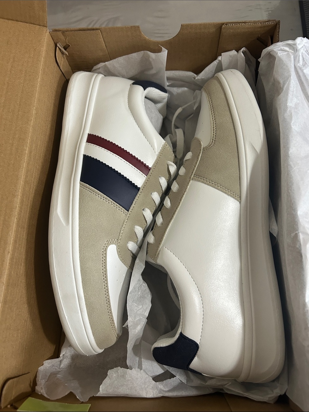 Men's White Leather Sneakers with Navy & Burgundy Stripe Accents